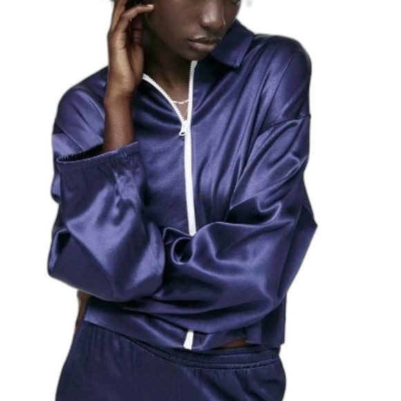 ZARA blue jogger jacket Satin effect zipper lightweight tracksuit jacket size S - Picture 1 of 13